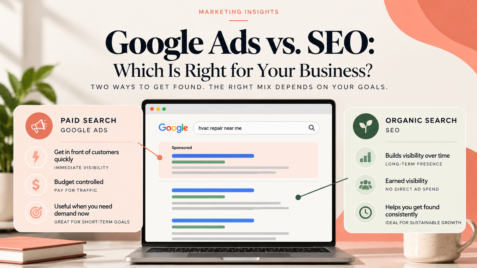 A diagram of a Google search results page distinguishing between paid ads and organic search listings.